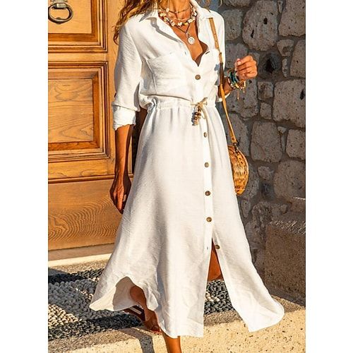 Season:Summer,Spring,Fall; Fabric:Linen,Cotton; Sleeve Length:Long Sleeve; Look After Me:Hand wash,Machine wash; Gender:Women's; Style:Elegant,Casual; Elasticity:Inelastic; Occasion:Holiday,Daily; Fit Type:Regular Fit; Dresses Type:Linen Dress,White Dress,Swing Dress; Pattern:Pure Color; Design:Button,Split,Lace up; Neckline:Shirt Collar; Front page:FF; Listing Date:06/07/2021; Production mode:External procurement; 2022 Trends:2022; Bust:null; Length:null; Shoulder Width:null; Special selected p Shirt Collar Styles, Boho Chic Dress, Collared Shirt Dress, Shirt Dress Casual, Midi Shirt Dress, Dress Shirts For Women, White Shirt Dress, Button Dress, White Midi Dress