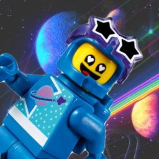 a lego man with a star on his head in front of an image of the planets