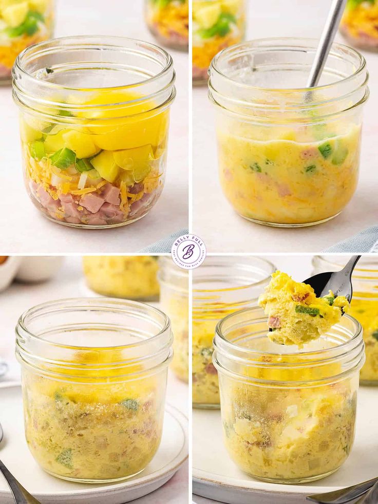 four images showing how to make a layered salad in a jar