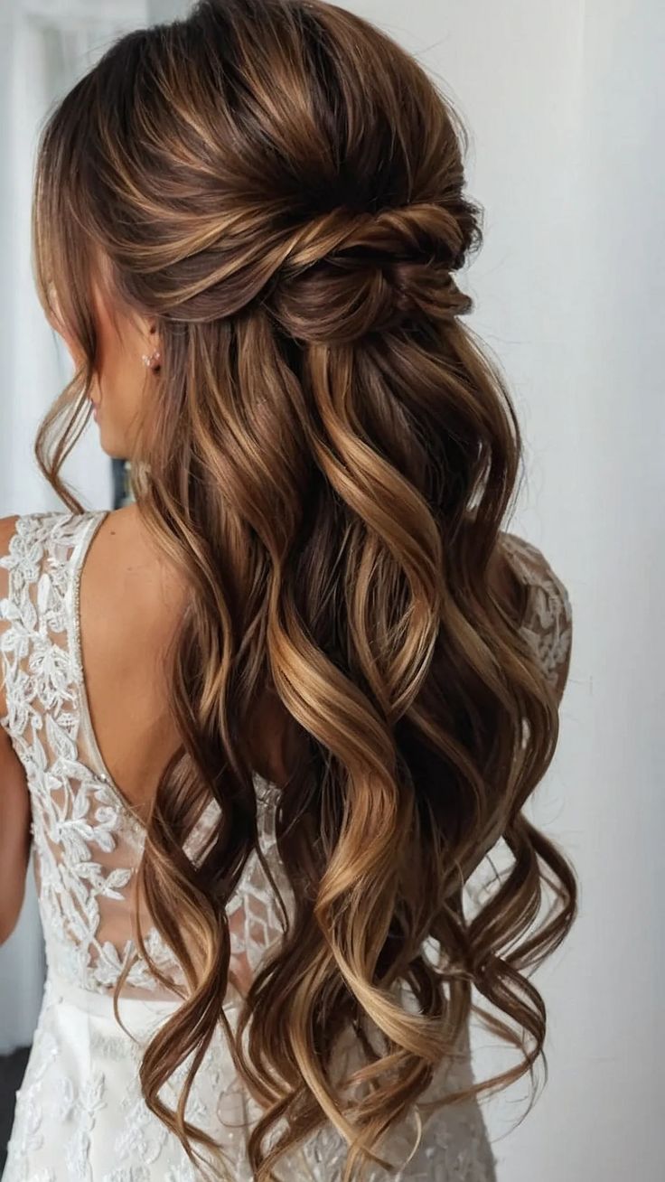 a woman with long, wavy hair wearing a wedding dress