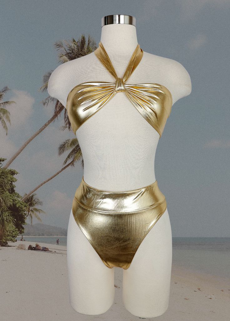 Product Details: Introducing the Jaipur Tie Front Metallic Gold Two Piece Swimsuit, a must-have addition to your summer wardrobe. Made from high-quality materials, this swimsuit is designed for both comfort and style. The luxurious metallic gold fabric with a tie-front top and classic bottom cut that provides moderate coverage make this swimsuit perfect for any occasion. Stand out from the crowd with the Jaipur Tie Front Metallic Gold Two Piece Swimsuit, the ultimate choice for a stylish and com Fits 2023, Gold One Piece, Gold Swimsuit, Birthday Fits, Glam Photoshoot, Swimsuits Outfits, Two Piece Swimwear, Two Piece Swimsuit, 2 Piece Swimsuits