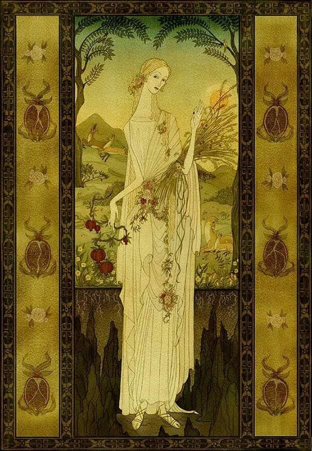 an art nouveau painting with a woman holding flowers