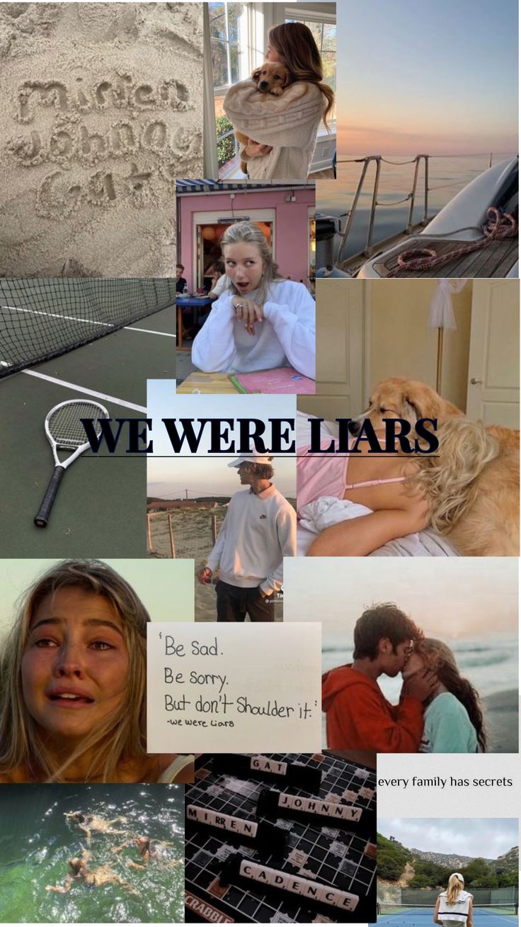 we were liars collage with pictures and words on it, including an image of a woman kissing a man