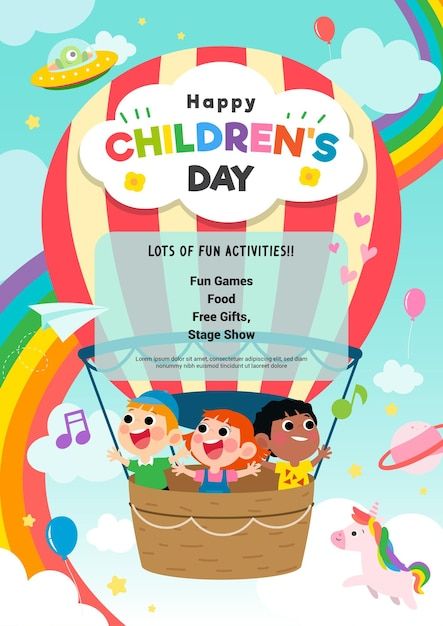 children's day poster with kids in hot air balloon