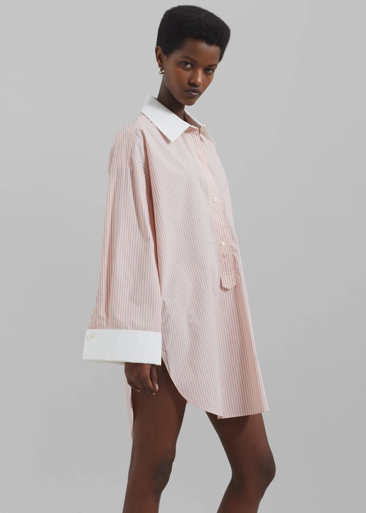 By Malene Birger Maye Shirt - Pink Stripe – The Frankie Shop Oversized Pink Blouse With Pockets, Chic Pink Cotton Shirt, Oversized Pink Shirt With Pockets, Spring Cotton Blouse With Concealed Placket, Daywear Tops With Striped Spread Collar, Spring Shirt With Concealed Placket And Shirttail Hem, Spring Blouse With Striped Spread Collar, Spring Top With Striped Spread Collar, Pink Relaxed Fit Collared Shirt