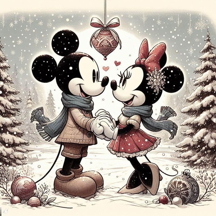 mickey and minnie kissing in the snow