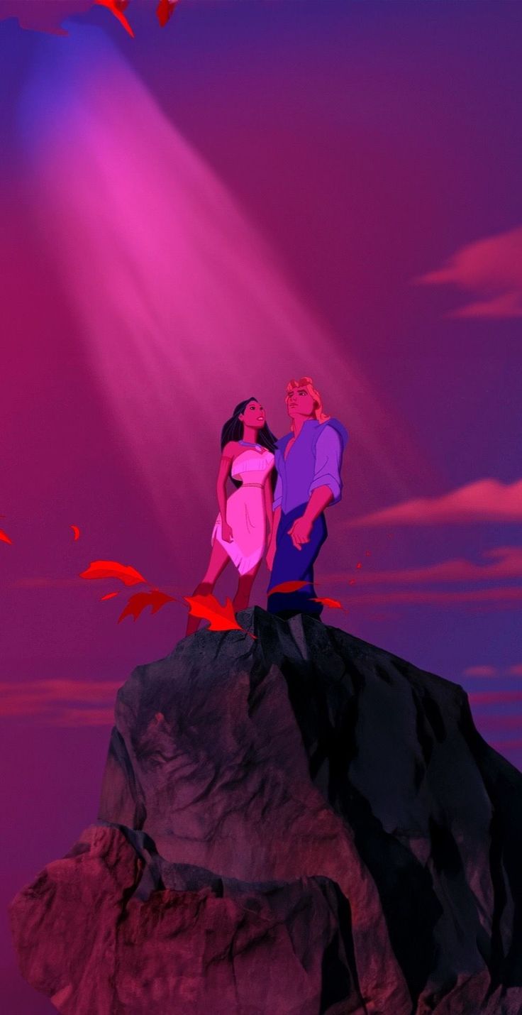 a man and woman standing on top of a rock under a purple sky with birds