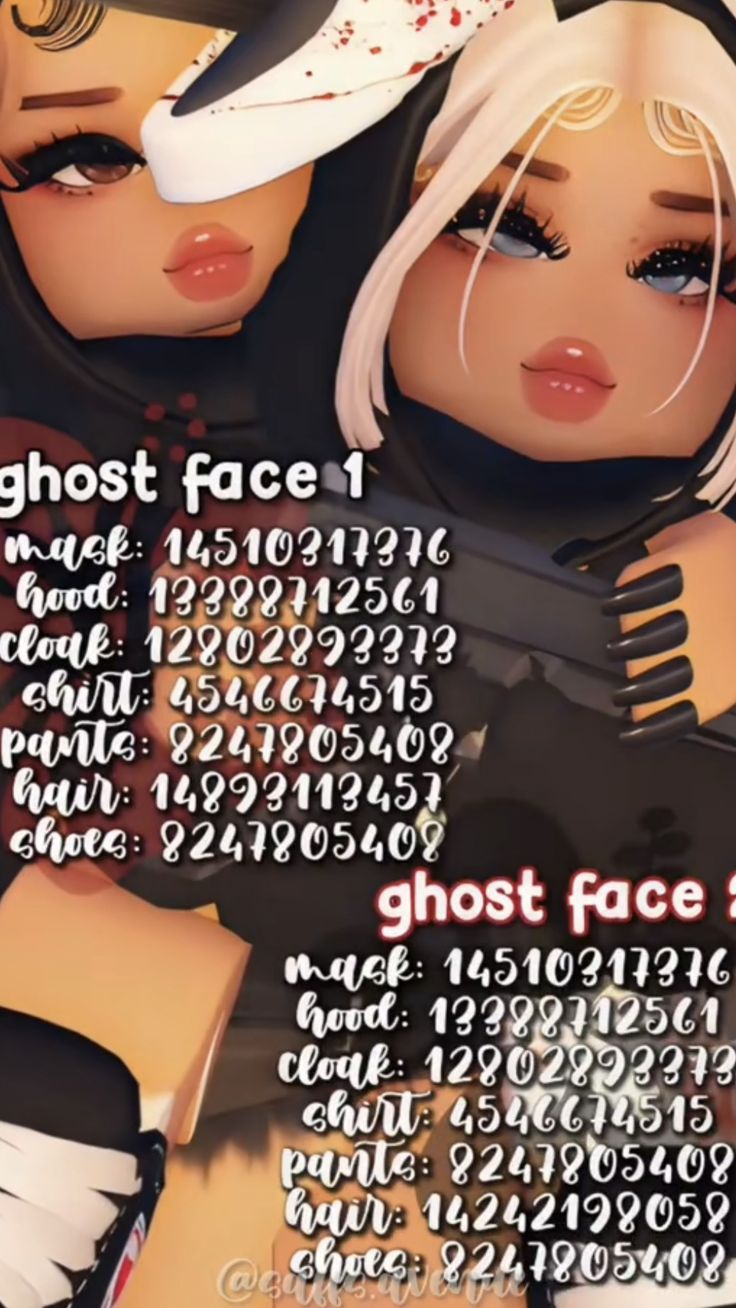 two women are hugging each other with the words ghost face on them and numbers behind them