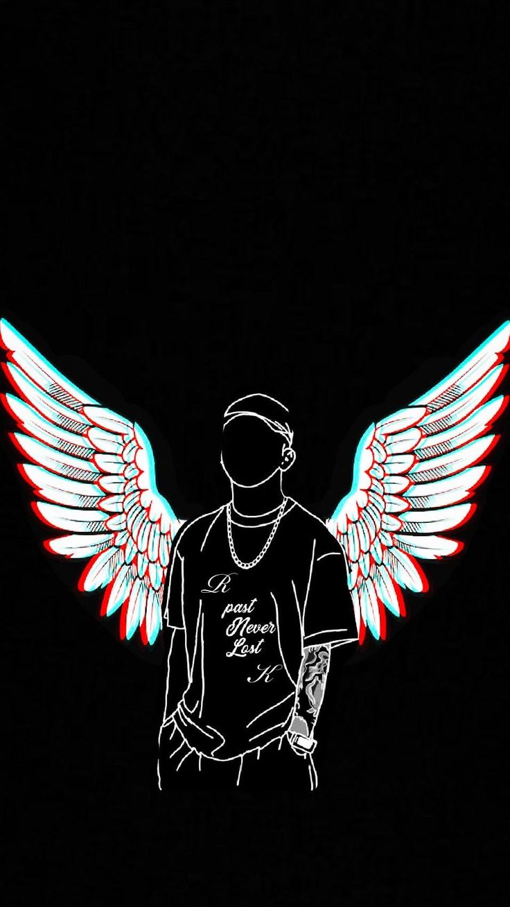 a drawing of a man with wings on his chest and hands in the air, against a black background