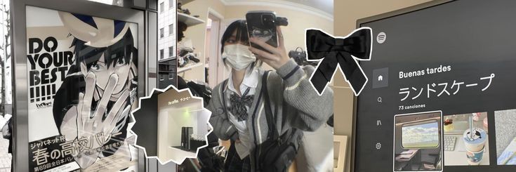 a woman taking a selfie in front of a mirror with black and white images on it