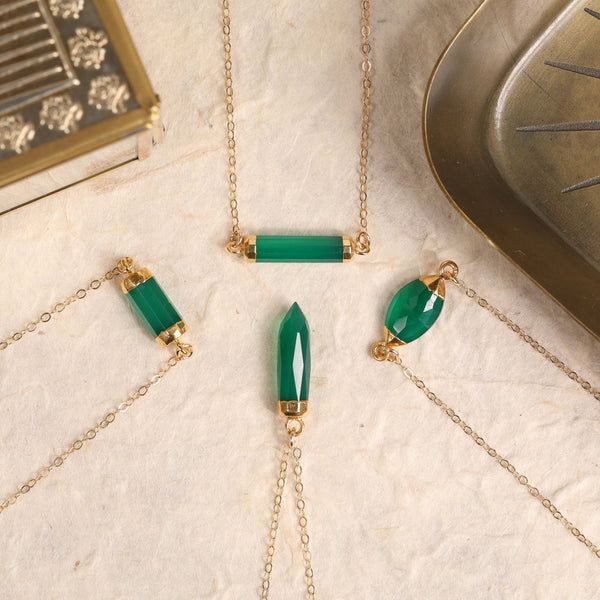 Green Onyx Necklace Collection • Green onyx necklaces on 14k dainty gold chain • Natural green onyx • Elegant necklaces • Jewelry gifts for her Green Onyx is the stone of good fortune and spiritual encouragement. Green Onyx helps you to get rid of all negative energy, helps you to move forward from sorrow, grief and depression. It improves your self-confidence. Most important Onyx has the ability to help you open your chakras. Green Onyx is mostly associated with Heart Chakra and creating a b... Open Your Chakras, Green Onyx Necklace, Chrysoprase Necklace, Dainty Gold Chain, Spiritual Encouragement, Necklace Collection, Onyx Necklace, Necklaces Jewelry, Green Necklace