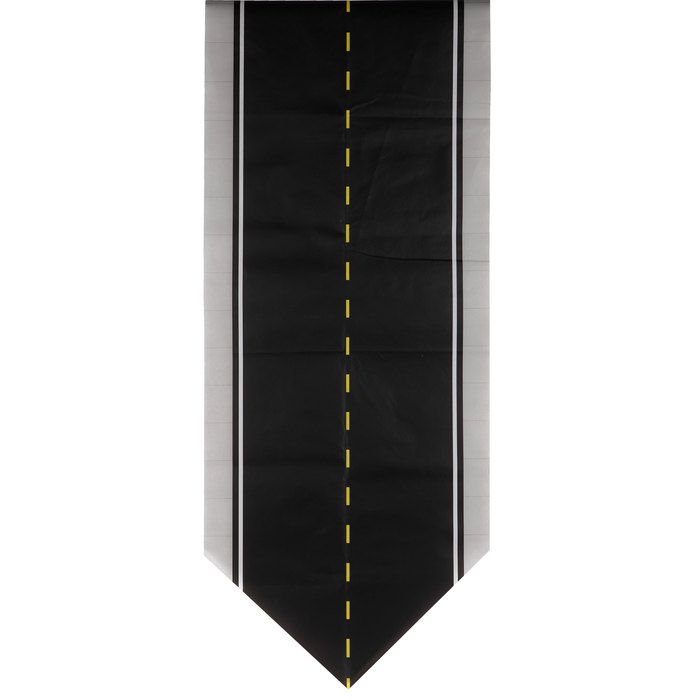 a black and white tie with yellow lines on the bottom, in front of a white background