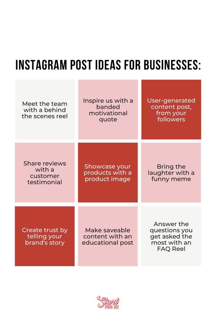 the instagramm post ideas for businesses are shown in red, white and pink