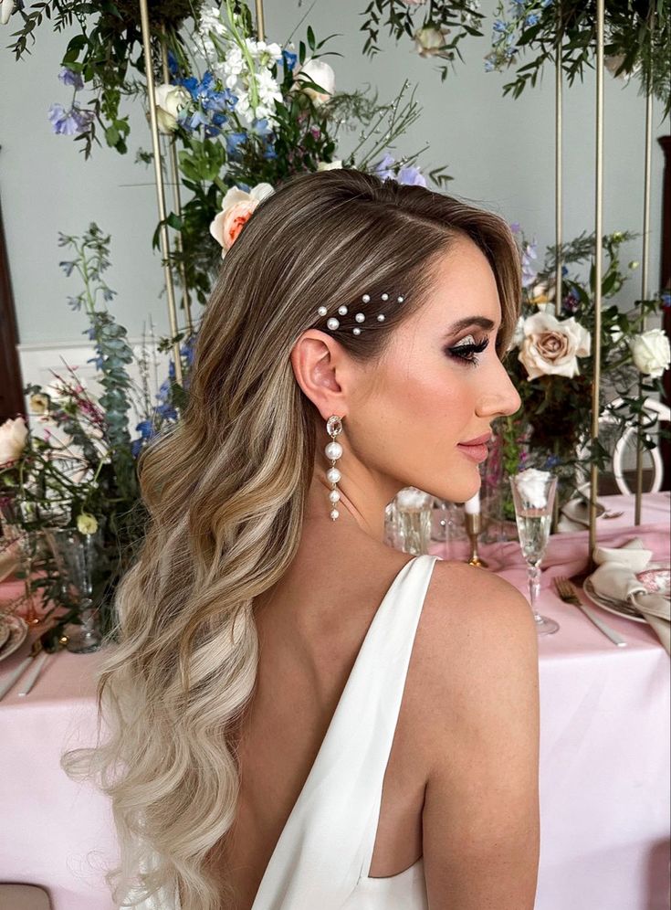 Wedding Hairstyles With Pearls Down, Pearls In Hair Wedding Hair Down, Simple Bridal Hair And Makeup, Wedding Hair With Pearls Down, Bridal Hair Down With Pearls, Slicked Wedding Hair, Pearls In Hair Side Part, Bride Summer Hairstyles, Pearls In Wedding Hair