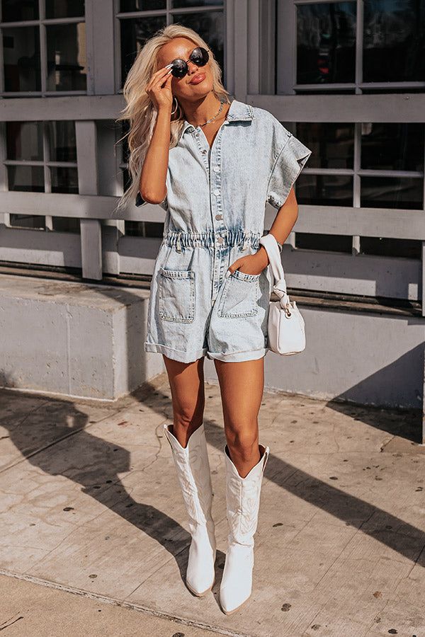 - It doesn't get trendier than this unique romper! - Unlined, non-stretch denim with subtle faded detail - A collared neckline - A button down bodice - Short sleeves with wide cuffs - An elastic banded waistline with belt loops and hidden zip fly - Functional low front pockets as well as optional back pockets - A relaxed yet flattering silhouette that ends in upper-thigh length rolled hemlines Measurements S : Bust 38", Front Rise 14.5", Hip 38", Inseam 3", Length 31.5", Sleeve Length 10", Waist Light Blue Denim Jumpsuits And Rompers For Spring, Spring Light Blue Denim Jumpsuits And Rompers, Light Wash Relaxed Denim Jumpsuit For Day Out, Light Wash Denim Overall Jumpsuit For Day Out, Chic Light Wash Relaxed Fit Denim Jumpsuit, Chic Light Wash Denim Jumpsuit With Relaxed Fit, Spring Light Wash Short Sleeve Jumpsuits And Rompers, Summer Washed Denim Jumpsuit With Short Sleeves, Washed Denim Jumpsuit With Short Sleeves For Summer