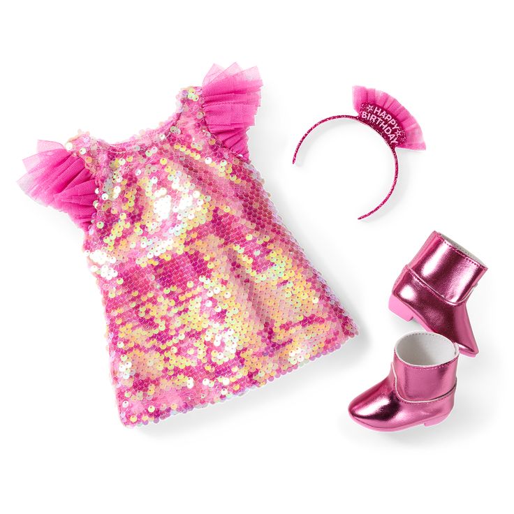 She’ll glow on her special day in this fancy and festive party dress. Made to match the Happy Birthday to You Dress for Girls (sold separately).

Includes:

A shimmery pink party dress with iridescent sequins layered over tonal pink stripes and poufy ruffled mesh sleeves
A glittery pink “Happy Birthday” headband with pink mesh pouf
A pair of pink metallic ankle boots with kitten heels Festive Sequin Dress For Dress-up, Holiday Princess Sequin Dress, Holiday Princess Style Sequin Dress, Pink Glitter Sequin Dress For Dress-up, Pink Sparkly Sequin Dress For Dress-up, Holiday Sequin Dress For Dress-up Occasions, Pink Sequin Dress For Dress-up, Holiday Sequin Glitter Dress For Dress-up, Holiday Sequin Glitter Dress