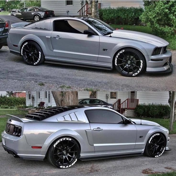 two pictures of a silver mustang with black rims and chrome wheels on the front