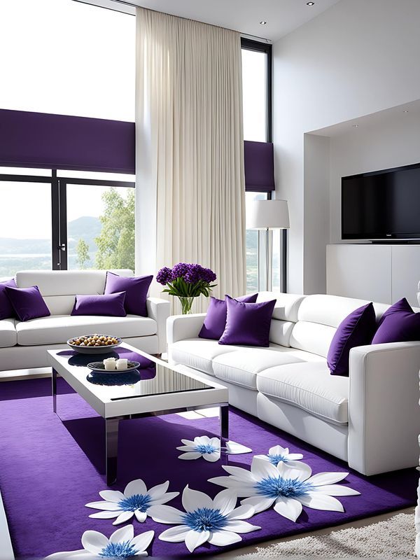 a living room with white couches and purple pillows on the floor, along with a large window