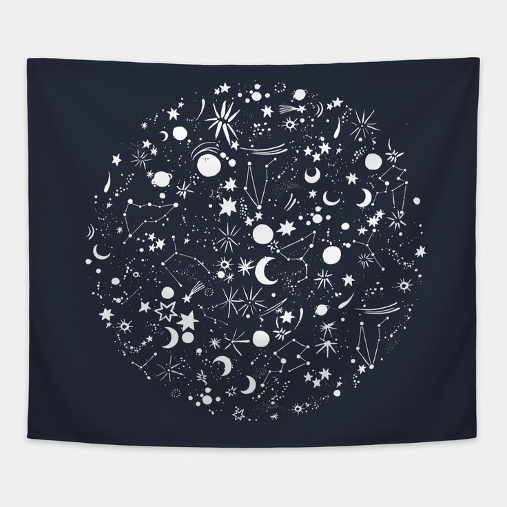 a black and white wall hanging tapestry with stars, moon and planets