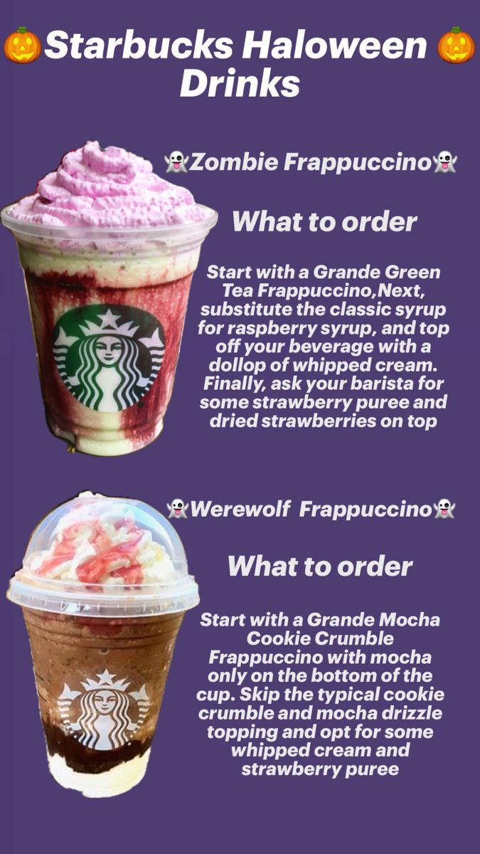 starbucks halloween drinks info sheet with information about the drink and what they are made from