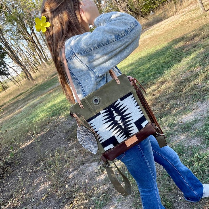 "This bag!! Made with the prettiest Pendleton Wool and vintage military for the main part of the bag. Top is made with vintage WW2 military canvas and the bottom gusset is a rustic brown bomber leather. This bag measures approximately 12\" tall by 3\" deep and is 13\" wide. Interior is made in canvas fabric that I interlaced for durability. Features two slip pockets. This bag, and all other items, is made 100% by me in my smoke and pet free sewing studio!" Pendleton Bag, Military Backpack, Backpack Tote, Pendleton Wool, Sewing Studio, Bag Patterns To Sew, Vintage Military, Rustic Brown, Free Sewing