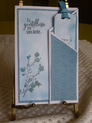 two tags with blue flowers on them sitting on a white tablecloth covered table cloth