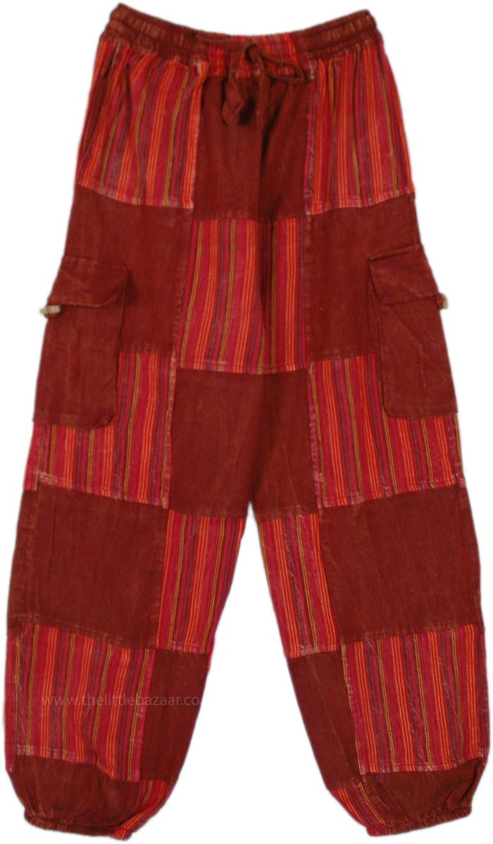 An all-red bohemian harem style patchwork trousers made of natural cotton. The unisex harem-style pants have an elastic drawstring waist having two deep pockets on either side for comfort, two box pockets, and a back pocket. #tlb #SplitSkirtsPants #Patchwork #Stonewash #Yoga #Striped #bohemianfashion #CottonHaremPants #YogaPants #StripedPants #PatchworkPants Baggy Red Harem Pants With Pockets, Red Baggy Harem Pants With Pockets, Red Cotton Baggy Harem Pants, Baggy Red Cotton Harem Pants, Red Baggy Cotton Harem Pants, Red Cotton Hippie Pants, Red Cotton Parachute Pants With Cargo Pockets, Hippie Red Cotton Pants, Red Harem Bottoms With Pockets