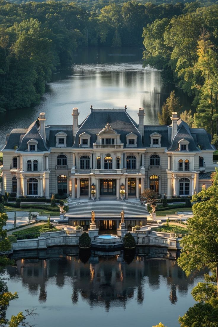 an aerial view of a large mansion with water in the foreground and trees surrounding it