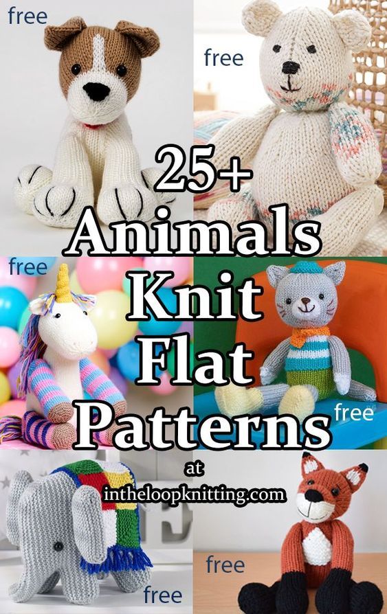 several knitted animals are shown with the text 25 free knitting patterns for stuffed animals