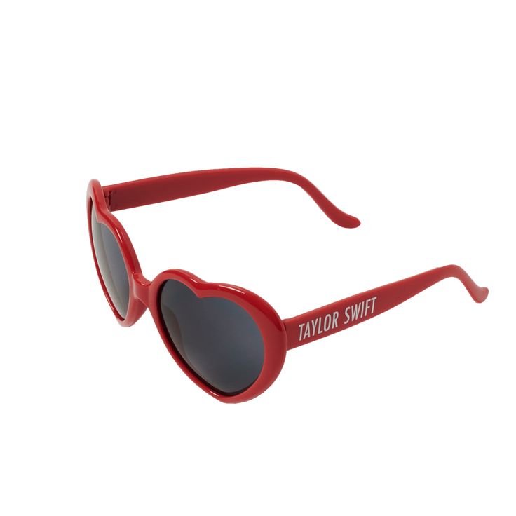 a pair of red sunglasses with the words taylor swift on it's temples and grey lenses