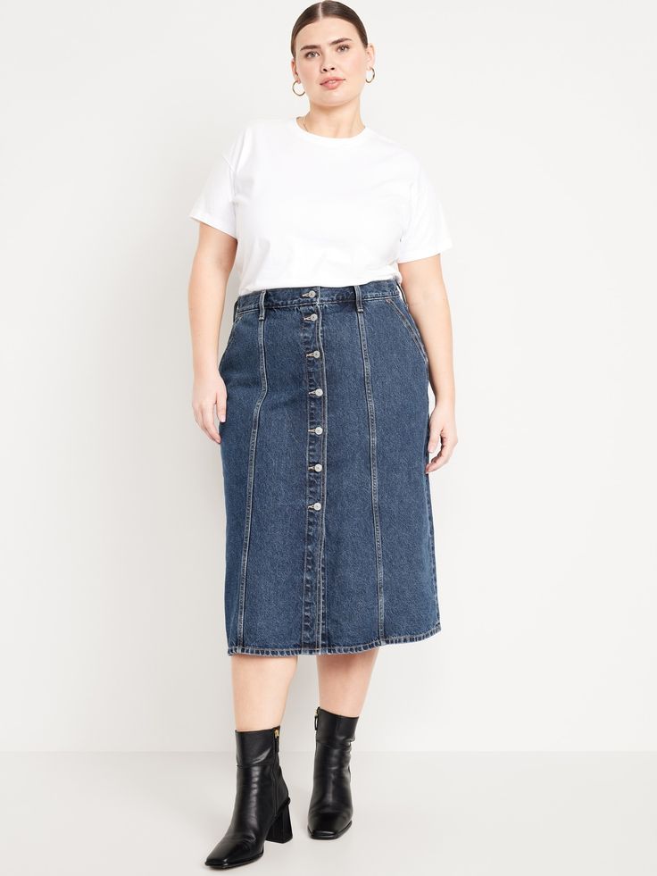 button waist belt loops front pockets back patch pockets full-button front front seams sits at belly button relaxed a-line fit hits at calf models are approx.  5'9" and wear sizes s (4), l (12) and xl (18)machine wash according to the care instruction label High-waist Denim Skirt With Belt Loops For Work, High Waist Denim Skirt With Belt Loops For Work, Straight Leg Denim Skirt With Pockets For Work, Casual Knee-length Bottoms With Button Closure, High Rise Relaxed Denim Skirt For Workwear, Mid-rise Denim Skirt With Pockets For Work, Dark Wash Midi Skirt With Pockets, Knee-length Denim Skirt With Pockets For Work, Denim Skirt With Belt Loops For Work