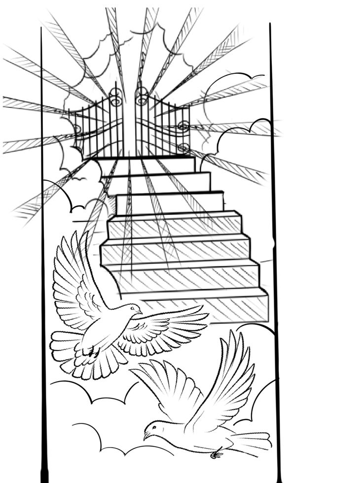 a drawing of a bird flying over stairs