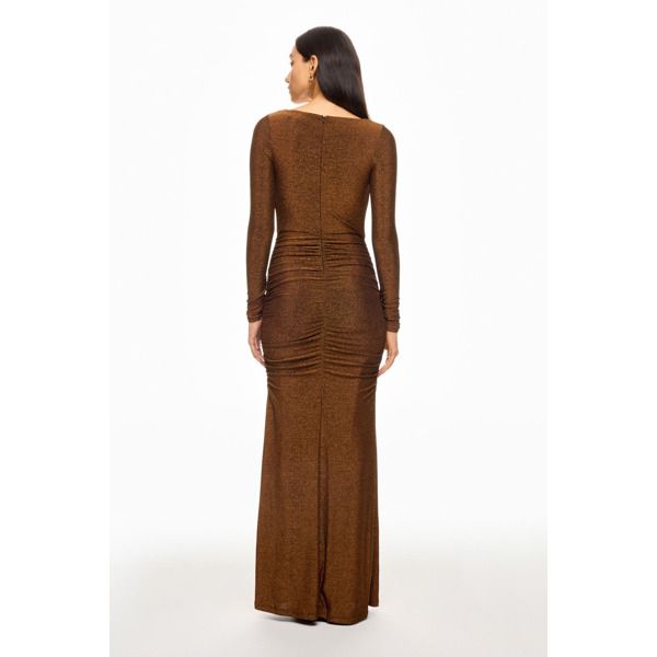 Brown (56% Nylon, 39% Metallic, 5% Spandex). Gowns. Cowl Neck. Long Sleeve. Back zipper closure. Shoulder to hemline length: 58". Made in the USA of imported fabric. Cowl Neck Long Sleeve, Black Halo, Rent The Runway, Cowl Neck, Halo, Spandex, Zipper, Long Sleeve, Fabric