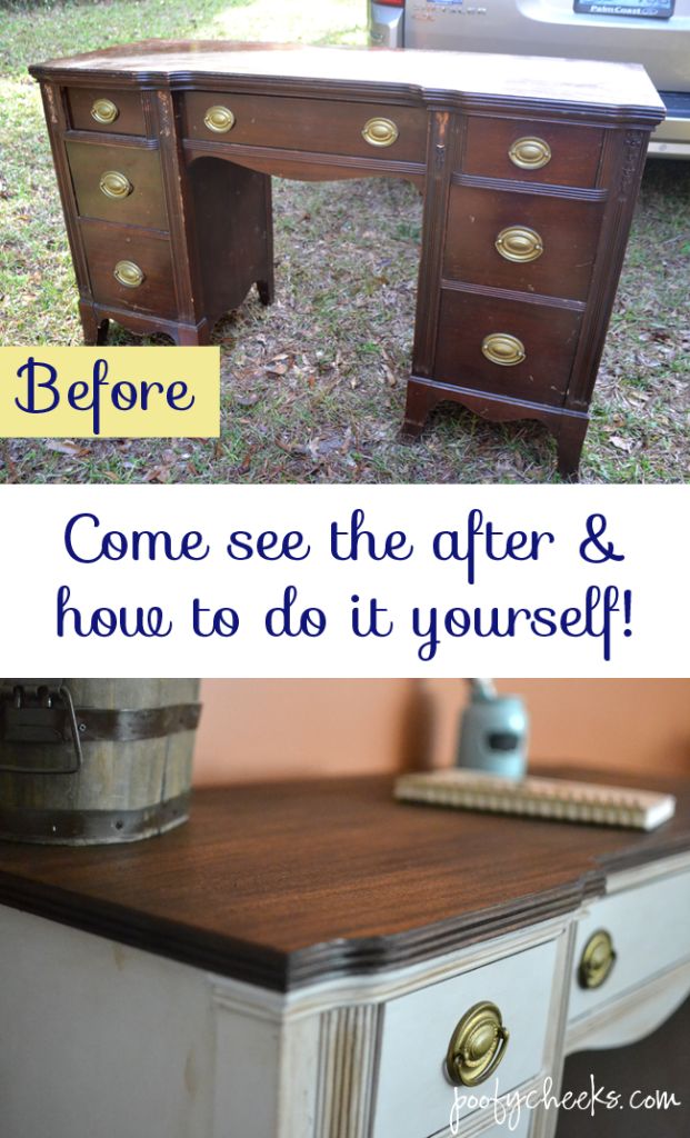 an old desk is painted white and has gold knobs on the drawers, before and after