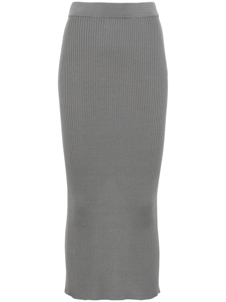 light grey virgin wool ribbed knit slip-on style elasticated waistband rear slit unlined straight hem mid-length Knit Midi Skirt, City Dress, Skirt Fits, Iconic Bags, Summer Beach Wear, Knit Midi, Gray Skirt, Fitted Skirt, Flat Boots