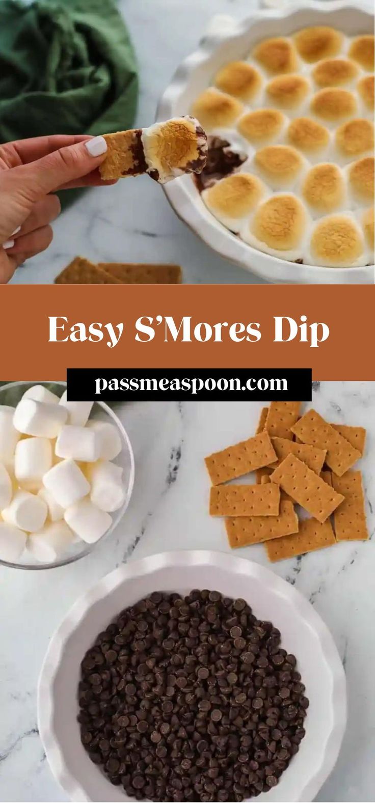 an easy s'mores dip recipe with marshmallows and chocolate chips