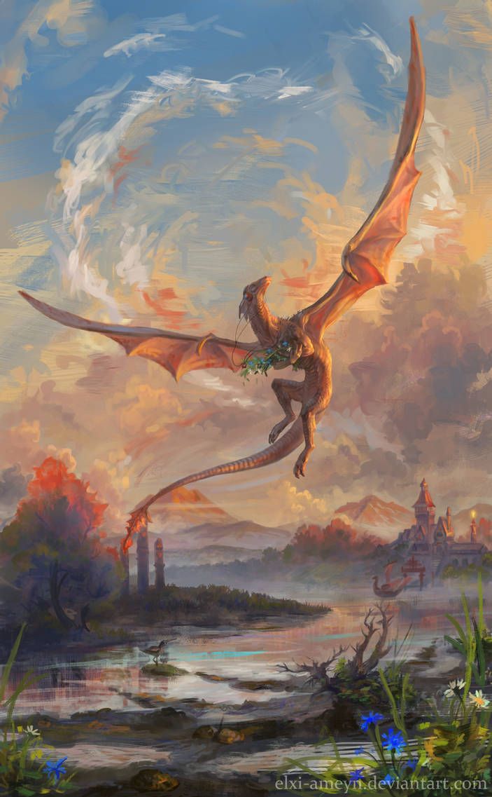 a painting of a dragon flying in the sky