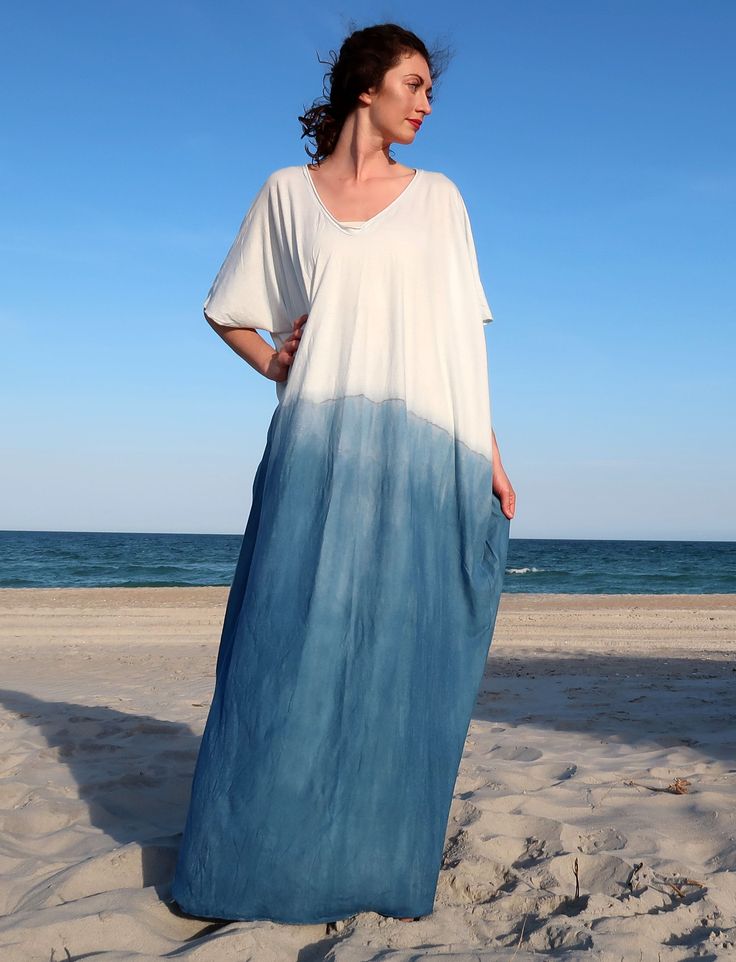 Style – The Ritual style is a V neckline with a thin roll of fabric to add accent and structure. Shape - A Gaia Goddess essential, the Kaftan design is an oversized, shapeless silhouette that can easily be dressed up or down. Indigo Dip-Dyed - Each piece honors the ancient natural dye technique through the simple art of Dip-Dying in our 8 year old Indigo vat. Each garment will be a one of a kind and no two will be alike. A very special piece that brings us great joy in the studio to create. Fabr Dip Dye Clothes, Gaia Goddess, Kaftan Design, Gaia Conceptions, Long Kaftan, Dip Dyed, The Ritual, Linen Casual, Organic Fabrics