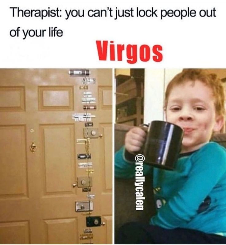 a kid holding a coffee mug in front of a door with the caption virgos on it