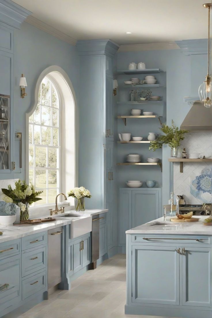 a large kitchen with blue cabinets and white counter tops in front of an arched window