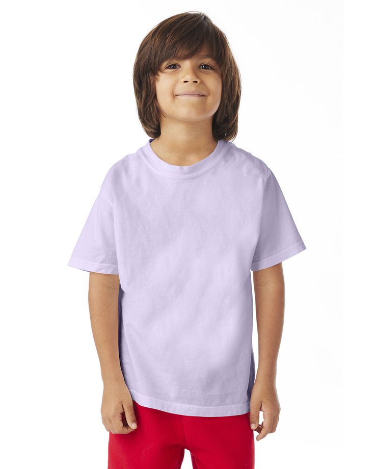 Youth 5.5 oz., 100% Ring Spun Cotton Garment-Dyed T-Shirt - FUTURE LAVENDER - S | ComfortWash by Hanes Youth Garment-Dyed T-Shirt in Future Lavender Size Small | Cotton Ribbed Set, Crewneck Style, Sustainable Manufacturing, Flat Collar, Retro Look, Dye T Shirt, Cotton T Shirt, Lay Flat, Cotton Tee