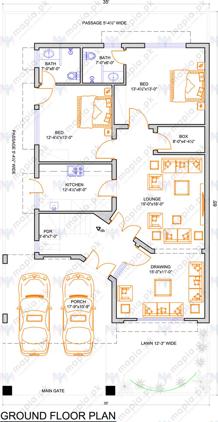 three bedroom house plan with 3 car garage and living room in the middle floor area