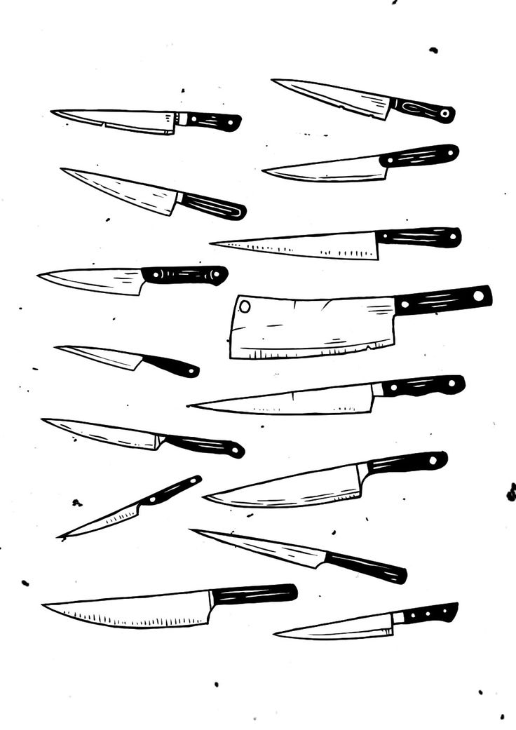 black and white drawing of knives flying in the air