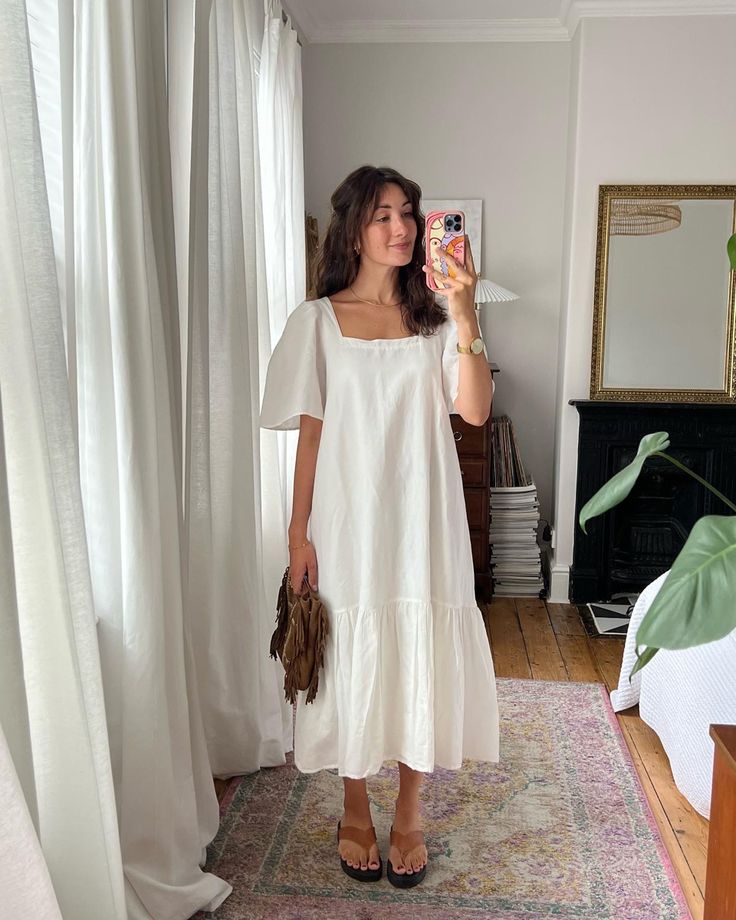 Lds Clothes Outfits, Dresses Trendy Casual Winter, X Line Silhouette Dress, Linen Button Down Dress Outfit, Square Neck Sundress, Easy Modest Outfits, Wide Dress Outfit, Flowy Fashion Aesthetic, Long Summer Dress Outfits Casual