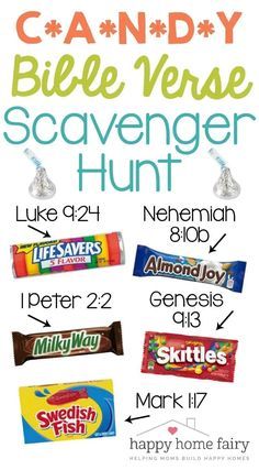 a candy bar poster with the words candy bible verse scavenger hunt on it