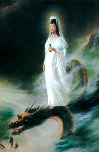 a painting of a woman standing on top of a body of water with a dragon