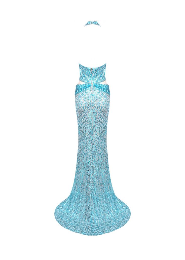 The ALISHA Sequined Maxi Dress is a stunning evening dress crafted with a plunging neck and a halter design. Its floor length, mermaid hem and backless feature ensures a dramatic and alluring look. With shimmering sequins in a beautiful sky blue, this dress is perfect for any special occasion. Fabric: Non-Stretch Material: Polyester Fiber *Actual color may vary slightly due to photo lighting and display screen color differences. Glamorous Floor-length Backless Dress For Gala, Glamorous Maxi Dress With Back Opening For Prom, Backless Mermaid Dress For Prom Season, Backless Mermaid Dress For Prom, Fitted Halter Neck Mermaid Dress For Evening, Glamorous Backless Evening Dress With Sweep Train, Backless Mermaid Dress For Gala, Glamorous Blue Mermaid Hem Evening Dress, Glamorous Blue Mermaid Evening Dress