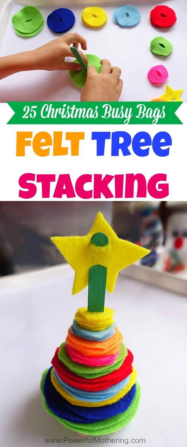 a stack of felt toys with the title 25 christmas busy bags felt tree stacking