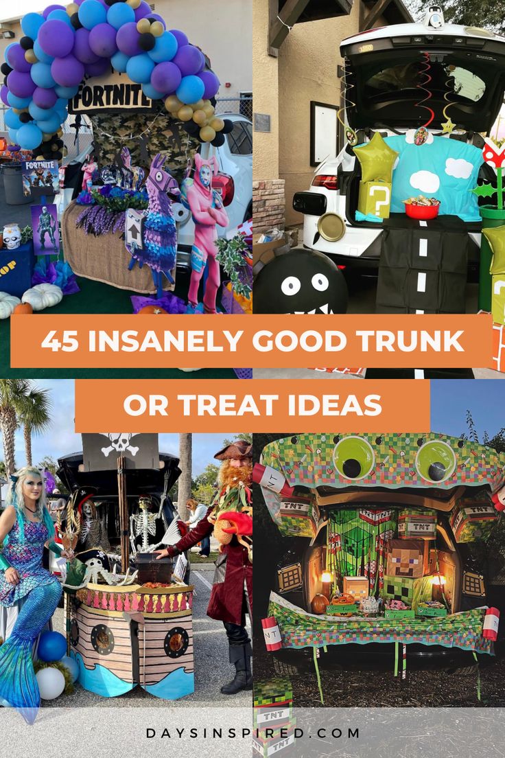 a collage of photos with the words, 45 insanely good trunk or treat ideas