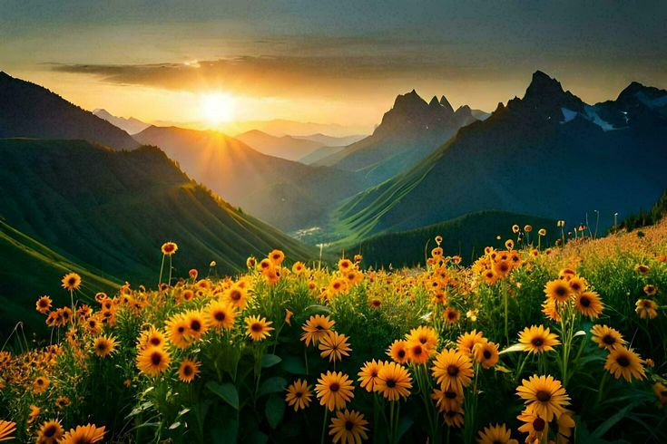 the sun shines brightly in the mountains with wildflowers on the foreground